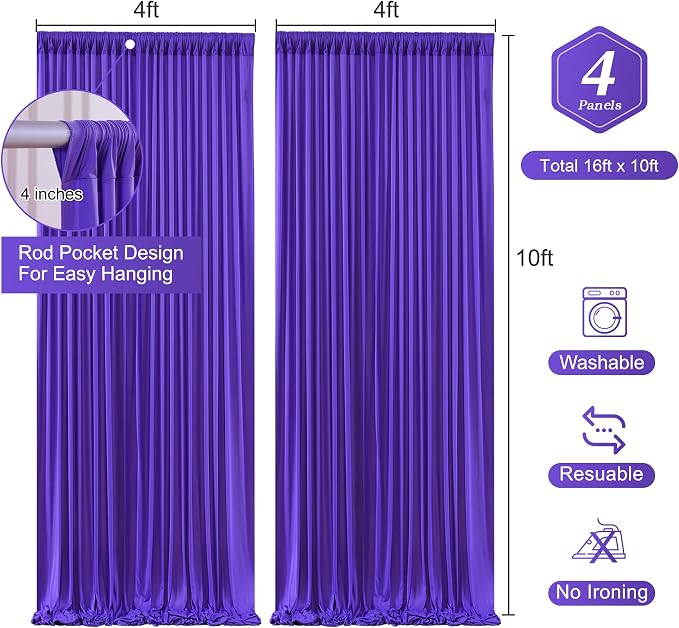 Purple Backdrop Curtains 4 Panels - Wrinkle-Free Polyester Photography Drapes for Baby Shower & Birthday Party - 16 X 10FT - Image 2