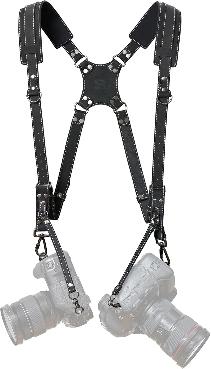 Padwa Lifestyle Black Frosted Dual Camera Harness Strap for Two-Cameras - Dual Shoulder Full Grain Leather Harness,Multi Double Camera Gear for DSLR/SLR Strap,Double Camera Harness for Photographers by PadwaLifestyleCameraStrap