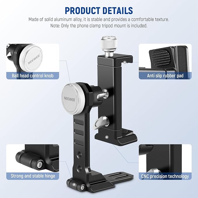 NEEWER Smartphone Tripod Mount Aluminum Alloy, 360° Rotatable Phone Stand | Cellphone Holder Clamp, Cold Shoe, Arca Base, Compatible with iPhone Samsung Galaxy Google Pixel & 2.6"-4" Wide Smartphones - Image 7