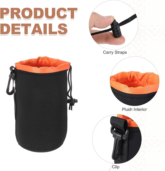PATIKIL Camera Lens Pouch, 4" ID x 7" H Drawstring Plush Lens Pouch Protective Camera Lens Case Bag Soft Plush Neoprene Bag for DSLR Photography Gear, Black/Orange - Image 3