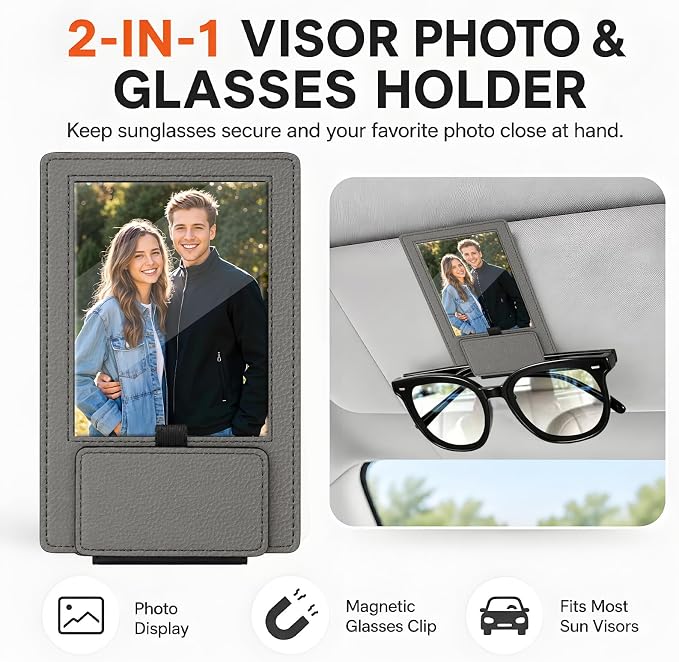 2-in-1 Car Visor Sunglasses & Photo Holder, Magnetic PU Leather Glasses Clip with Picture Display Slot, Universal Sun Visor Organizer for Eyeglasses, Personalized Cards & Memories, Gray - Image 3