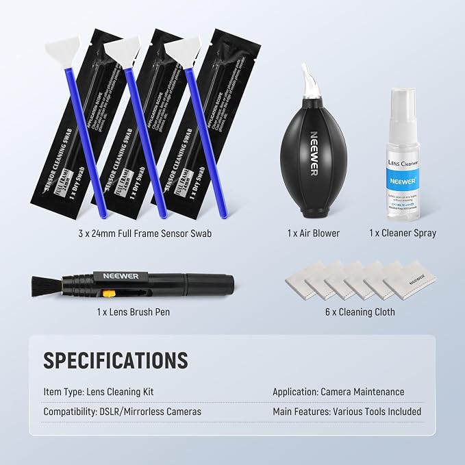 NEEWER 12 in 1 Camera Lens Cleaning Kit for Electronics, Phones, Tablets, 1x Lens Brush Pen + 1x Air Blower + 1x Cleaner Spray + 3X 24mm Full Frame Sensor Swab + 6X Cleaning Cloth, HM-49 - Image 9