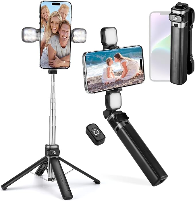MQOUNY Mini iPhone Tripod Stand & Selfie Stick with Wireless Remote & Removable Light, Extendable Stand 360 Rotation Compatible with iPhone & Android Samsung (Black) by MQOUNY
