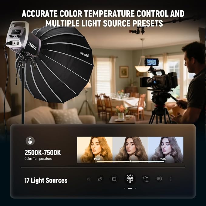 NEEWER Pro 600W RGB LED Video Light APP/2.4G/DMX Control, 2500-7500K 52500lx/1m COB Continuous Output Lighting, CRI95+/TLCI97+ Spotlight with Bag for Studio Photography Recording Streaming, FS600C - Image 5