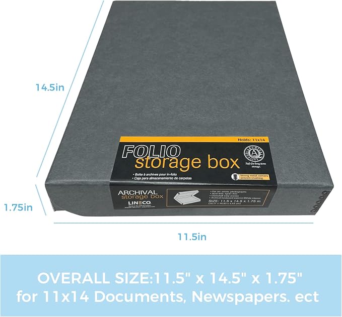 Lineco Clamshell Archival Storage Box, 11.5x14.5x1.75 Inch, Gray | Acid-Free with Metal Edge Boxboard, Organize and Store Photos Documents Cards Negatives Magazine Prints Family Records DIY - Image 2
