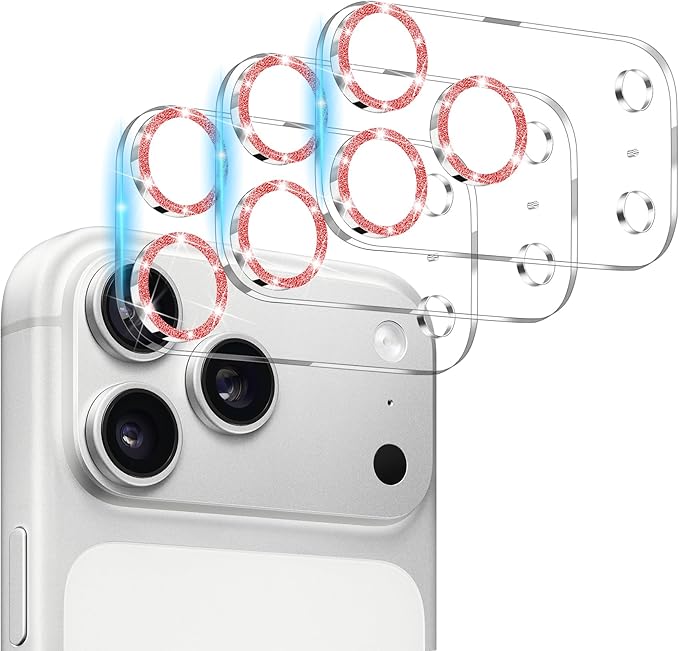 Dengduoduo 3 Pack Camera Lens Protector for iPhone 17 Pro, Tempered Glass, Ultra HD, 9H Hardness, Anti-Scratch, Case Friendly,[No Affect on Night Shots], Glitter Red by Dengduoduo