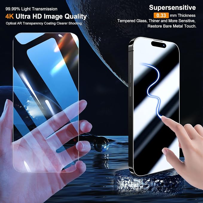 QHOHQ 3 Pack Screen Protector for iPhone 15 [6.1 Inch] with 3 Pack Camera Lens Protector, Tempered Glass Film, HD Clear, 9H Hardness, No Bubbles, Case Friendly - Image 2