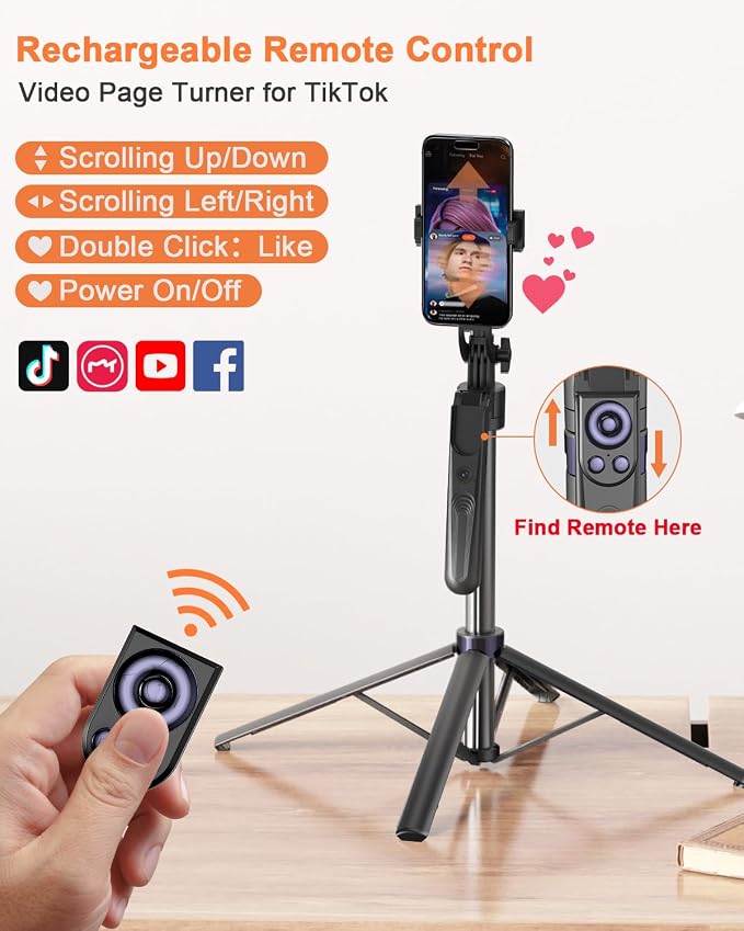 Yeaki 71” Auto Face Tracking Tripod for iPhone with Light,360° Rotating Phone Stand with Rechargeable Remote Control for TikTok Vlog Video Recording, Phone Tripod for Android Camera/GoPro/Ring Light - Image 3