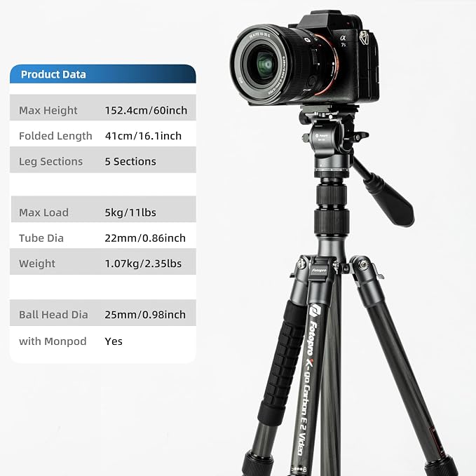 Fotopro 59" Carbon Fiber Travel Tripod, Compact Video Tripods with Fluid Head, Detachable Monopod with Quick Release Plate and Bag, Camera Tripod Load up to 8KG/17.63lbs - Image 2