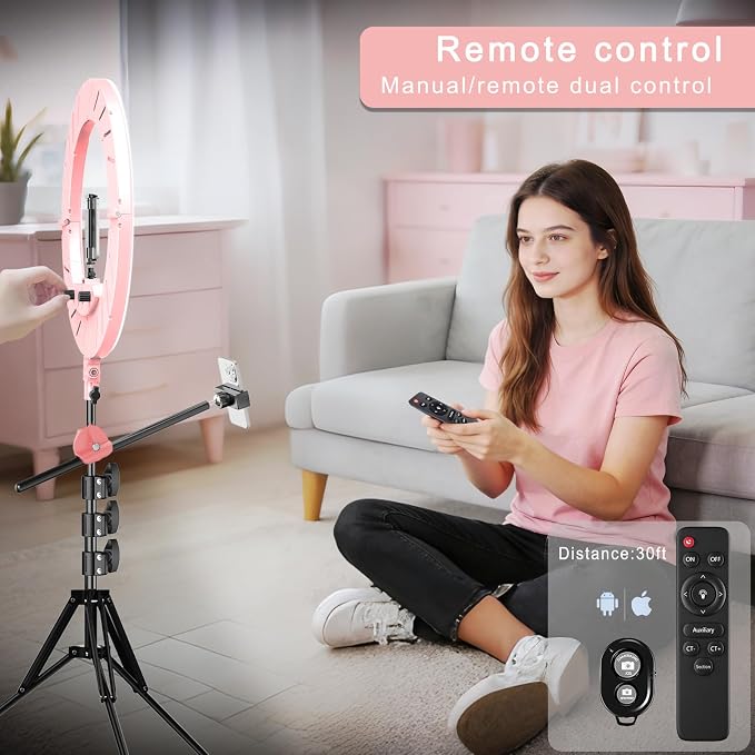 55W18 45cm Ring Light Kit [New Version] 6700K Dimmable LEDRinglightTripod Stand Dual Phone Holder for iPhone Selfie Makeup LashTattoo Studio Lighting Painting,Photo Video Recording (Pink) - Image 5