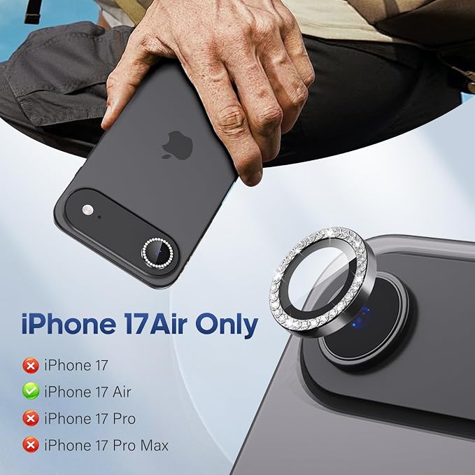 for iPhone 17 Air Camera Lens Protector Cover Bling Diamond, Black | Individual Metal, 9H Hardness, Scratch Resistant, Shockproof, Drop Protection, Case Friendly, Stylish Accessories - Image 2