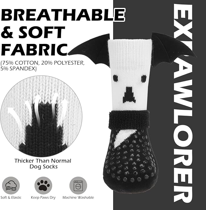 EXPAWLORER Halloween Anti Slip Dog Socks to Prevent Licking Paws, Boots & Paw Protectors with Grippers,Doggie Booties for Hardwood Floors for Small Medium Large Senior Dogs Costume White Ghost Wings S - Image 6
