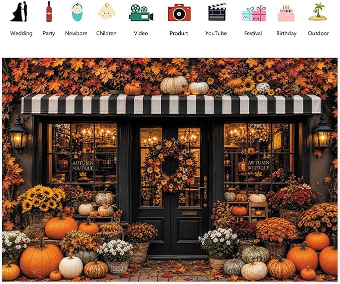 Fall Pumpkin Store Backdrop 7x5ft Autumn Boutique Harvest Pumkin Photography Background Vintage Fall Fall Festival Thanksgiving Family Party Decorations Banner Vinyl - Image 2
