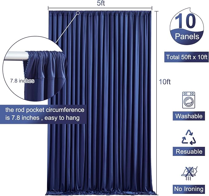 10 Panels Navy Blue Backdrop Curtain for Parties Wrinkle Free Photo Curtains Backdrop Drapes Fabric Decoration for Wedding Birthday Party Baby Shower 50ft(W) x 10ft(H) - Image 5