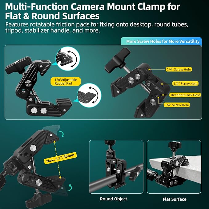 22" Magic Arm Clamp, Overhead Phone Mount Holder Stand, Flexible Desk Camera Mount, Articulating Friction Boom Arm with 1/4" 3/8" Threads for Phone, DSLR, Action Camera,Filming, Light, Webcam, Mic - Image 5