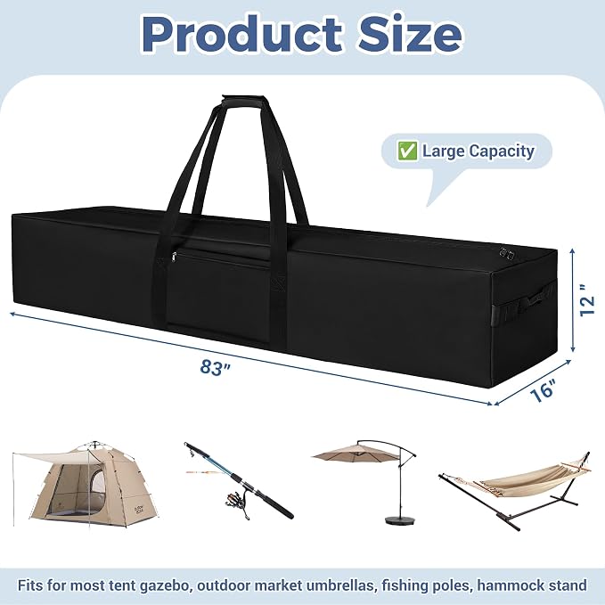COOLBEBE 83" x 16" x 12" Extra Large Tent Storage Bag - 260L, Black | Heavy Duty Waterproof Duffle Bag for Tent Poles, Canopy, Hammock, Tripod, Fishing Gear, Sports Equipment & Outdoor Moving - Image 7