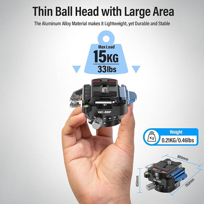 SIRUI 55mm Quick Release Plate with 360° Rotating Panoramic Head, Camera Mount Adapter with 1/4" and 3/8" Thread, Quick-Release Attach Plate for Tripod Monopod DSLR Stabilizer, QC-55P - Image 9