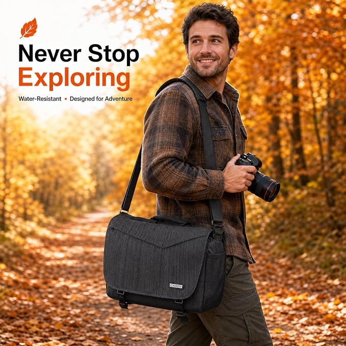 CADeN Camera Bag Case Shoulder Messenger Photography Bag with Laptop Compartment 14", Tripod Holder, Compatible for Nikon, Canon, Sony, DSLR SLR Mirrorless Cameras Waterproof Black - Image 2