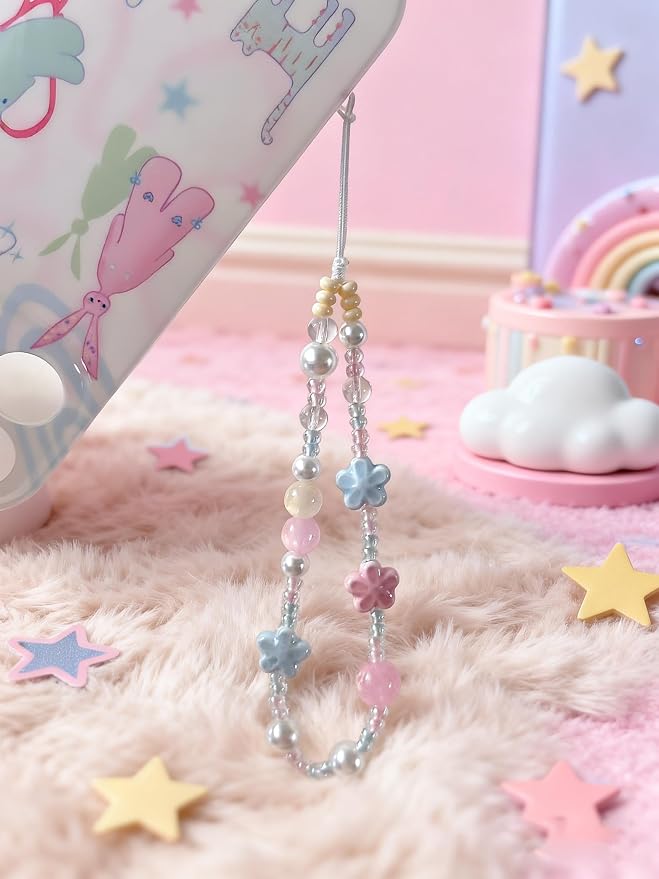 2 Pcs Phone Charm Strap Hand for iPhone Wrist Strap Camera Lanyard Pearl Beaded Cute Chain String Accessories Universal for iPhone 17 Pro Max 16 15 Samsung Women Girls Keychain Bow Flower Blue Flower - Image 5