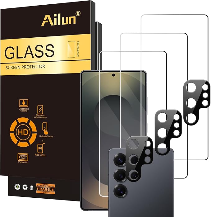 Ailun Screen Protector + Camera Lens Protector for Galaxy S25 Ultra,3+3Pack | 6.9 Inch, Tempered Glass, Fingerprint Unlock, 0.25mm, Ultra Clear, Anti-Scratch, Case Friendly by Ailun