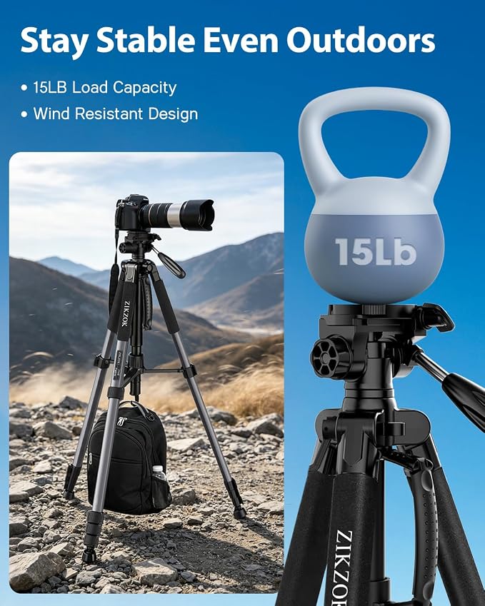 75" Camera Tripod Stand, Heavy Duty with Remote for DSLR iPad iPhone | Aluminum Tripod 20% taller, Foldable 2.9lb, Remote & Carry Bag, 15lb Load, for Sony Canon Nikon Phone Tablet Spotting Scope - Image 3