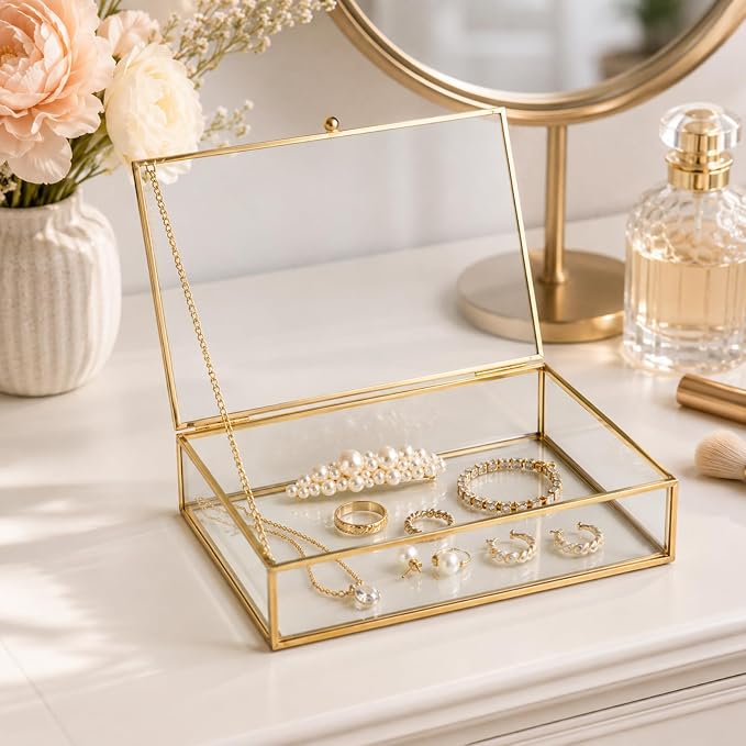 Feyarl Gold Glass Photo Cards Display Box Jewelry Trinket Ring Earring Post Cards Decorative Keepsake Box for Wedding Home Deco Dresser Coffee Table (8.66 x 5.9 x 1.96inch) - Image 5