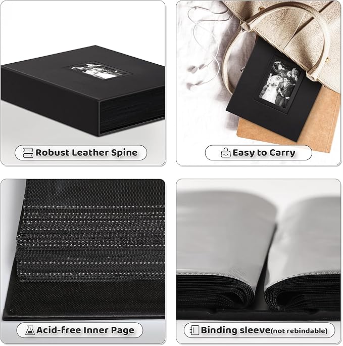 Popotop 4x6 Photo Album Holds 100 Pictures, Vegan Leather Hardcover | 100 Photos Capacity, Acid-Free Clear Slip-In Pockets, Compact Format, Front Photo Window, Gifts for Family Wedding Baby - Image 4