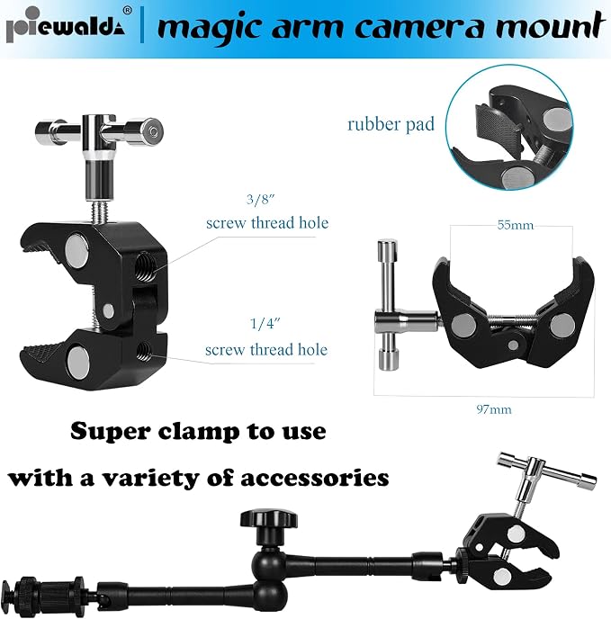Niewalda 11" Articulating Magic Arm with 1/4" & 3/8" Threaded Super Clip | with Phone Clip/Tripod Mount Adapter for Various Action Camera /DSLR/Cell Phone /Vlogging and LCD Monitor/LED Lights Mount - Image 3
