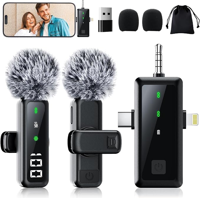 Microphone for iPhone & Android, Wireless Mini Microphone | Battery Display, Clear Voice, Noise Cancelling, 3 in 1 Lavalier Mic for TikTok, YouTube & Interviews, Dual Mic by Unknown