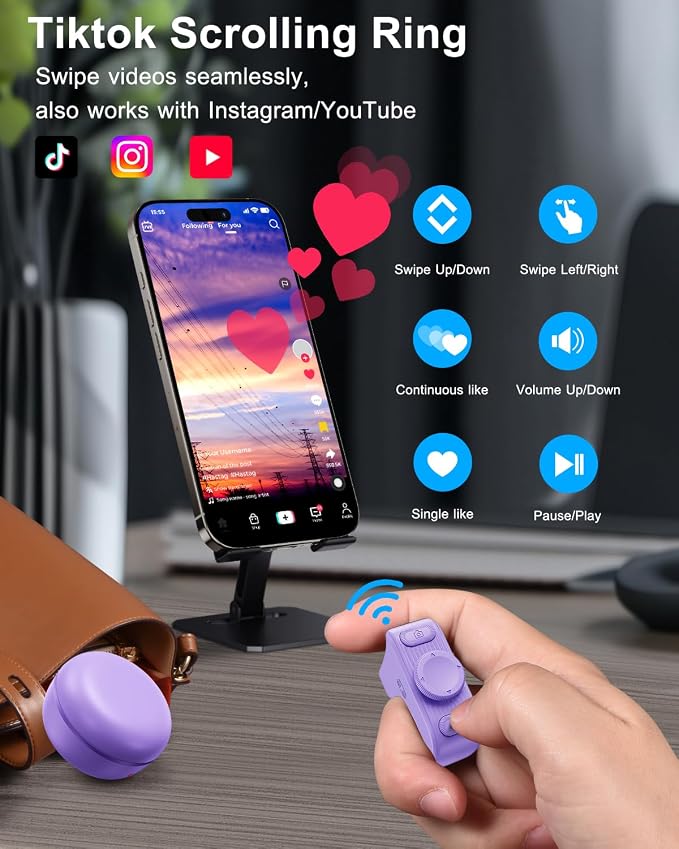 [New Upgrade, Easy to Use] TikTok Scrolling Ring Remote Control, Camera Shutter Remote, Wireless Bluetooth Scrolling Ring for iPhone, iPad, iOS, Android - Light Purple - Image 3