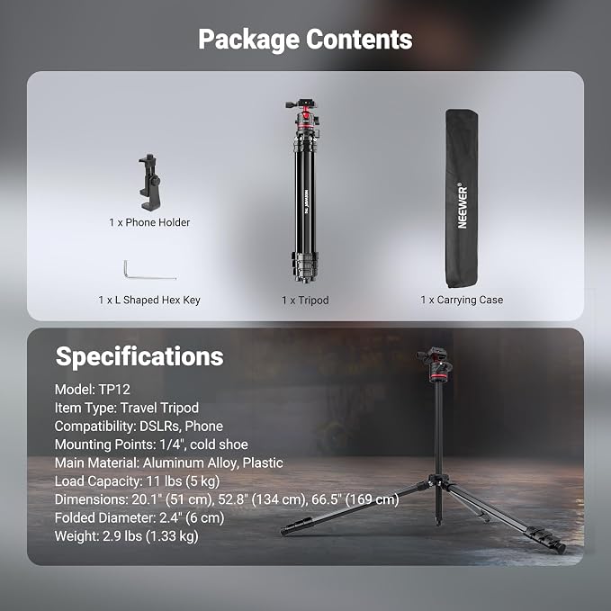 NEEWER Basics 66.5"/169 cm Travel Tripod for Camera, Lightweight Portable DSLR Stand with Ball Head, Arca Type QR Plate, Cell Phone Holder Compatible with iPhone Video Recording, Max Load 11 lb, TP12 - Image 8