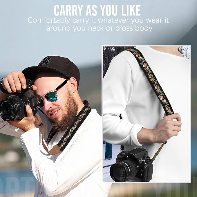 MoKo Camera Strap Compitable with Canon/Sony/Nikon/Minolta/Panasonic/DSLR | Cotton Vintage Camera Strap,Adjustable Neck Shoulder Strap,for Camcorder,Binoculars,for Adults Kids, Black Plum Blossom - Image 6