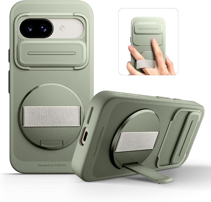 SURITCH for Google Pixel 9a Case with 360° Rotatable Hand Strap Phone Grip Holder & Invisible Kickstand & Slide Camera Cover, Slim Rugged Shockproof Protective Cover for Pixel 9a, Green by SURITCH