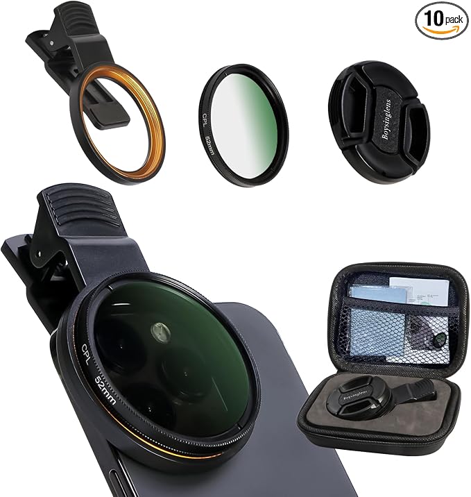52MM Circular Polarizer Filter, Ultra Slim Multi-Coated CPL Lens Filter, Clip-on Phone Camera Filter Kit, Compatible for iPhone 15 14 13 12 11,Motorola, Google Pixel and Other Smart Phones by Boysinglens