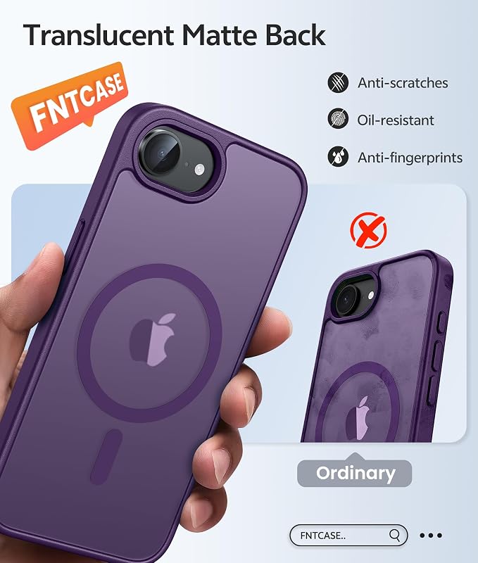 FNTCASE for iPhone 17e/ iPhone 16e Case, Fit for Magsafe, Screen Protector | Translucent Matte Magnetic Back, 14FT Military Grade Drop Protection, Shockproof Protective Phone Cover, Purple - Image 6