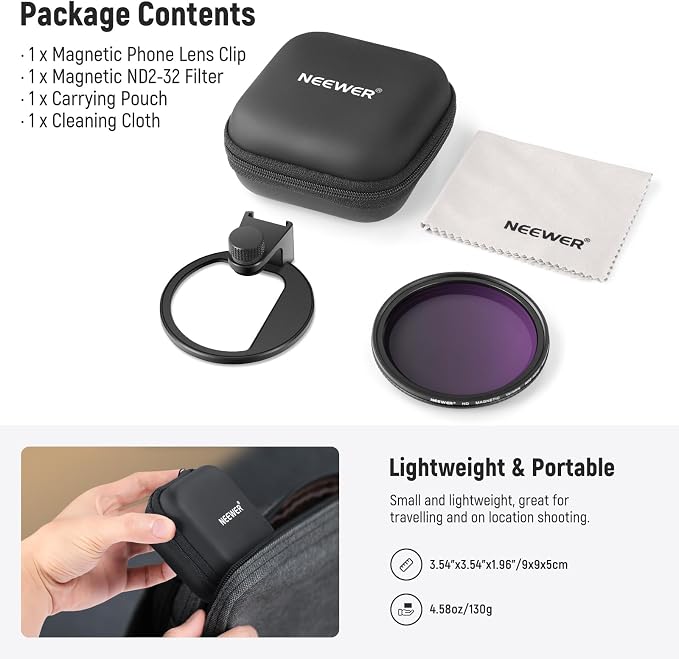 NEEWER 67mm Clip On Variable ND2-ND32 Phone Lens Filter Kit, Phone Clip with Magnetic Adapter Ring/Cold Shoe/Locking Knob, HD Magnetic ND Filter for iPhone 15 Pro Max 14 13 Galaxy S22 S23 S24 Ultra - Image 9