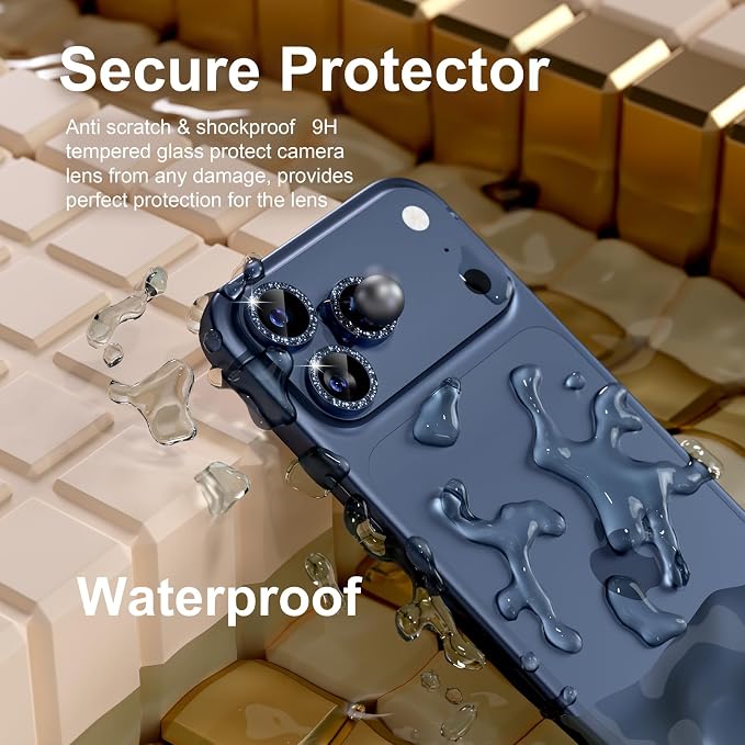 Misea Compatible for iPhone 17 Pro/iPhone 17 Pro Max Camera Lens Protector | 9H Tempered Glass Ultra HD Bling Camera Screen Protector Cover Metal Individual Ring Accessories, Deep Blue Glitter - Image 3