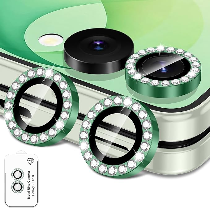 for Samsung Galaxy Z Flip 8 Camera Lens Protector, Individual Metal Ring Tempered Glass Lens Cover, [Strong Adsorption] Scratch Resistant Ultra-Thin HD Clear Lens Cover, 1 Set-Green Diamond by Btscase