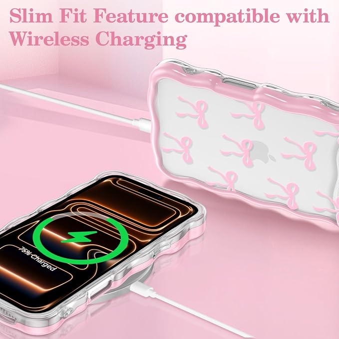 QLTYPRI for iPhone 17 Pro Max Pink Bow Case, Clear Cute Pink Ribbon Bow Phone Case Curly Wavy Aesthetic Phone Cover, Soft Slim Transparent TPU Shockproof Protective Cover for Women Girls - Ribbon Bow - Image 5