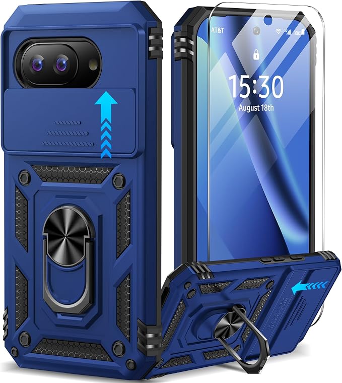 Taisairu for Google Pixel 10A Case with Screen Protector & Slide Camera Lens Cover,Built-in 360°Rotate Magnetic Ring Stand Shockproof Protective Phone Case for Google Pixel 10A Case (Blue) by Taisairu