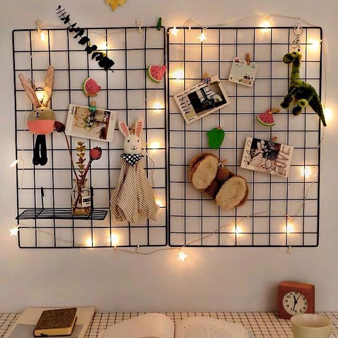 2 Pack Large Wall Grid Panels with Light and Clips, Photo Display Board, Picture Frame Collage Board, Wire Grid Wall Panel Room Decoration,Black | Picture Frames Collage , Wire Grid Wall Panel Room Decoration - Image 2
