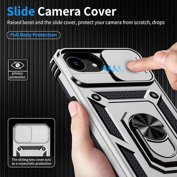 for iPhone 17e Case & iPhone 16e Case with 2X HD Screen Protector & Slide Camera Cover & Rotated Ring Kickstand, Rugged Heavy Duty Protective Phone Case for iPhone 17e/16e 6.1", Silver - Image 5