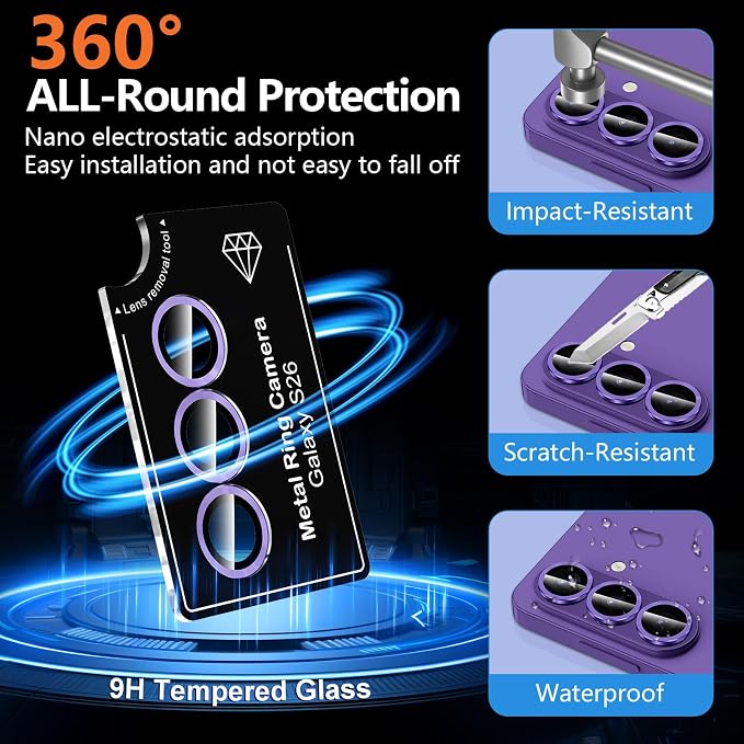 for Samsung Galaxy S26 Camera Lens Protector, Individual Metal Ring Tempered Glass Lens Cover, [Strong Adsorption] Scratch Resistant Ultra-Thin HD Clear Lens Cover, 1 Set-Purple - Image 2
