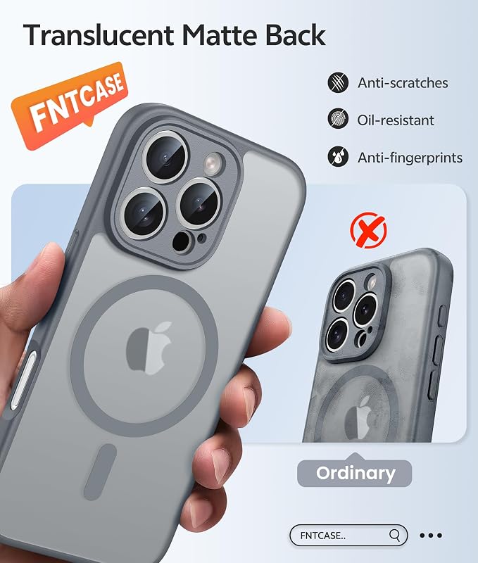 FNTCASE for iPhone 16 Pro Case, Fit for Magsafe, with Screen Protector Gray | Full Camera Protection, Translucent Matte, 14FT Military Grade Drop Proof, Shockproof Protective Phone Cover, Gray - Image 6