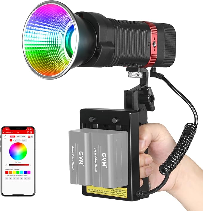 GVM PL60C RGB COB LED Video Light, 60W Portable Photography Studio Light, 2700K-6800K Full Color Output, CRI97+, App Control, 16 FX Effects for Photography, YouTube, Filmmaking & Content Creation by GVMGreatVideoMaker