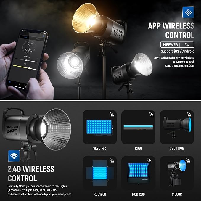 NEEWER 80W LED Video Light, 2.4G&APP Control, Bi Color 2700K-6500K 34000Lux/1m, CRI97+/12 Scenes/Bowens COB Continuous Output Lighting for Studio Photos Photograpny Video Recording Streaming, CB60B | 2700K-6500K, 34000Lux/1m, CCT, CRI97+, 12 Scenes, Bo... - Image 4