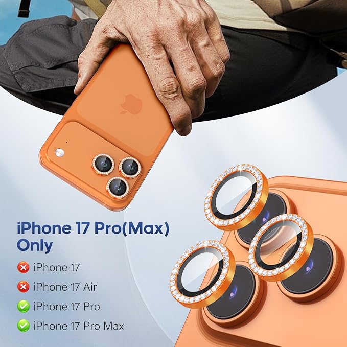 iPhone 17 Pro/17 Pro Max Camera Lens Protector Bling Diamond, Orange | Individual Metal, 9H Hardness, Scratch Resistant, Shockproof, Drop Protection, Case Friendly, Stylish Accessories - Image 2