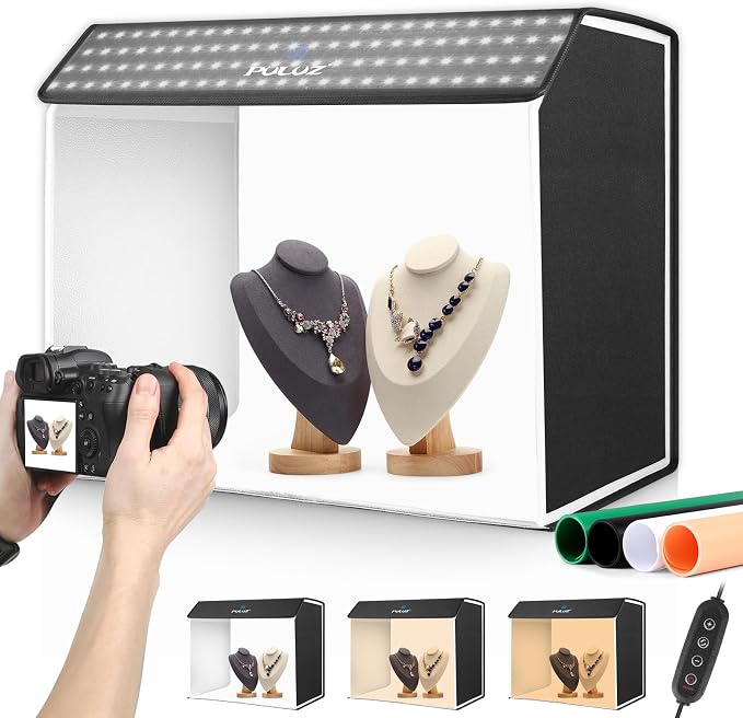 PULUZ 24x16 inch Photo Box, Large Photo Studio Light Box Photography, Professional 3000-6500k Dimmable Shooting Tent Kit with 672 LED Lights & 4 Backdrop for Jewelry and Food Product Photography by PULUZ