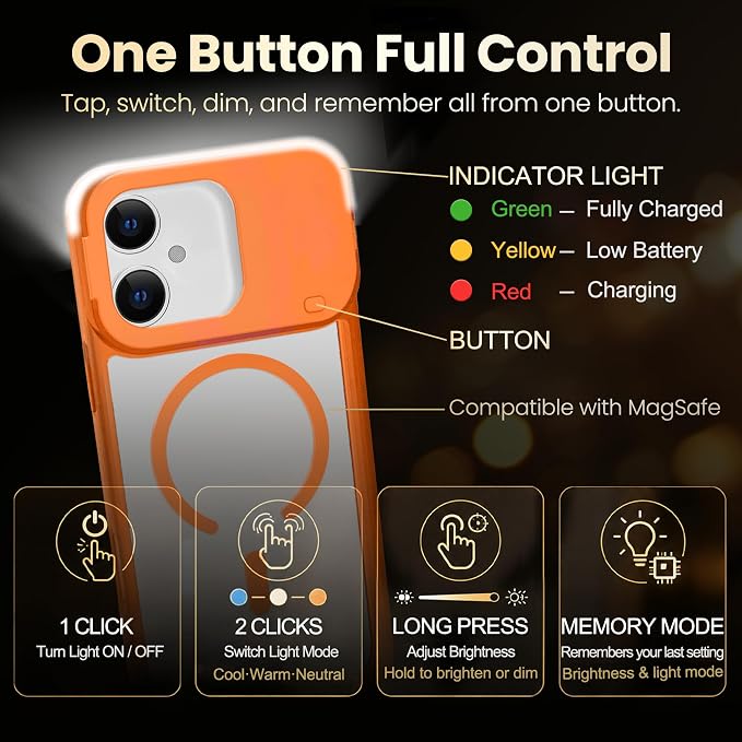 for iPhone 16 Case with Selfie Light, 3 Color Modes Orange | Compatible with MagSafe,Brightness Control, Memory Setting, USB-C Light Charging, Cable Included - Image 6