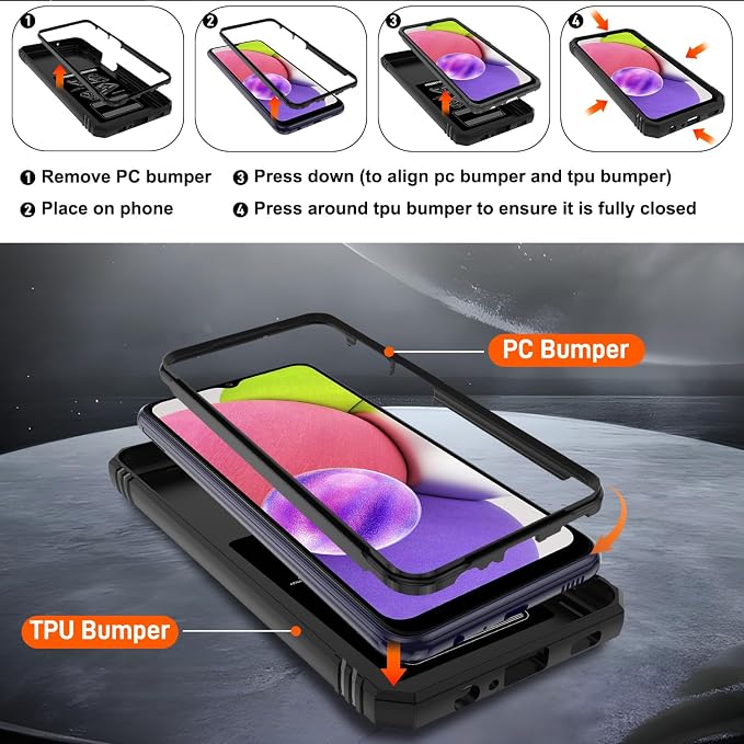 Gritup for Galaxy A03S Phone Case Military-Grade Shockproof with Kickstand | with 2 PCS Screen Protector, Slide Camera Cover, Heavy Duty Outdoor Protection Funda para Galaxy A03s Cover-Black - Image 4